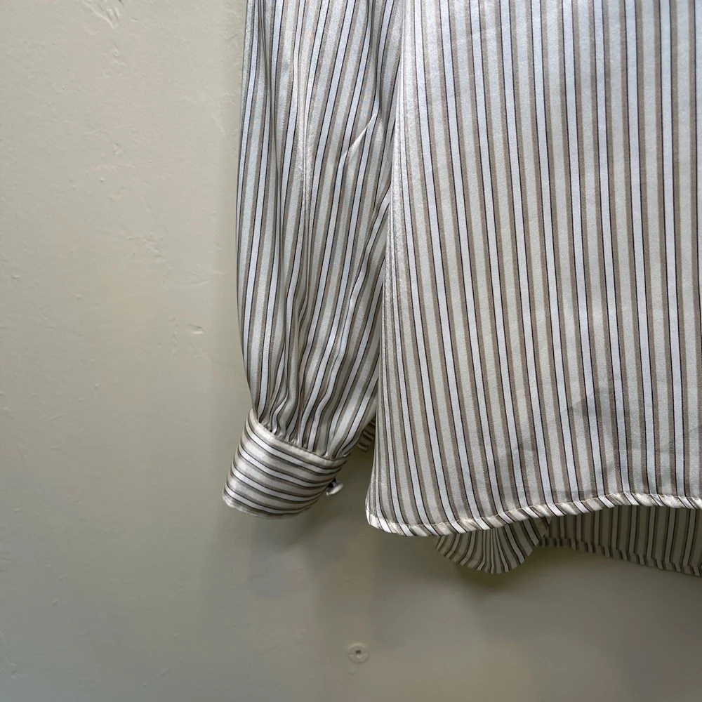 Notations | VTG Striped Shiny Silky Long Sleeve Round Neckline Charmeuse Blouse - Picture 9 of 13
